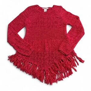 American Rag Fringe Cable Knit Sweater Juniors XL Red Boho Hippie Western Cotton